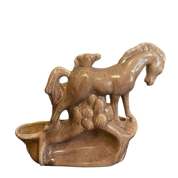 Phil-Mar Mare Vintage Ceramic Horse and Foal Planter Speckled Brown Mid Century